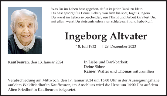 Traueranzeige von Ingeborg Altvater von Allgäuer Zeitung, Kaufbeuren/Buchloe
