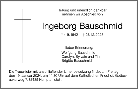 Traueranzeige von Ingeborg Bauschmid von Allgäuer Zeitung,Kempten