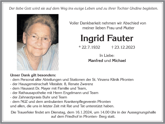 Traueranzeige von Ingrid Fauter von Allgäuer Zeitung, Füssen