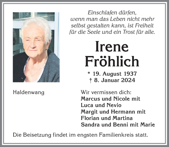 Traueranzeige von Irene Fröhlich von Allgäuer Zeitung,Kempten