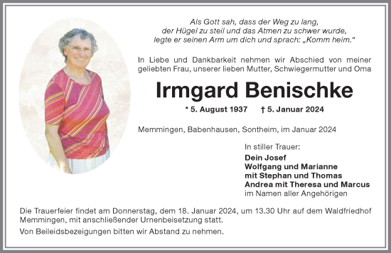 Traueranzeige von Irmgard Benischke von Allgäuer Zeitung, Marktoberdorf