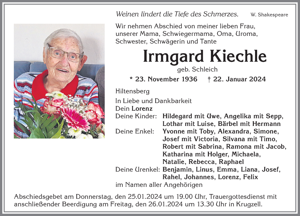  Traueranzeige für Irmgard Kiechle vom 24.01.2024 aus Allgäuer Zeitung,Kempten