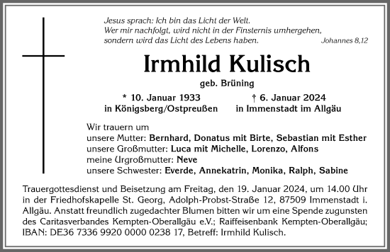 Traueranzeige von Irmhild Kulisch von Allgäuer Anzeigeblatt