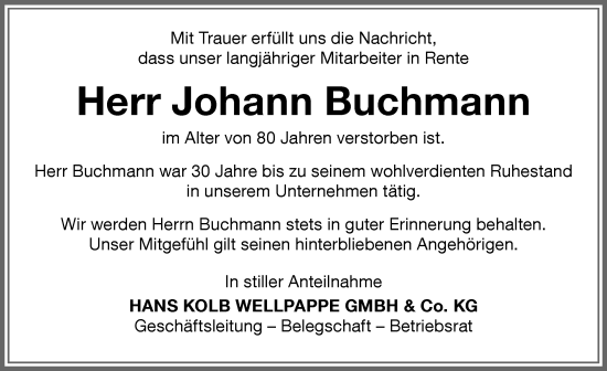Traueranzeige von Johann Buchmann von Memminger Zeitung