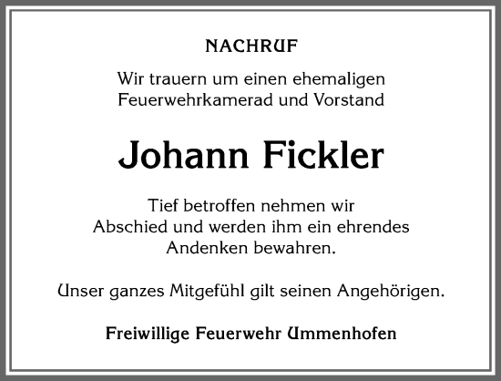Traueranzeige von Johann Fickler von Allgäuer Zeitung, Kaufbeuren/Buchloe