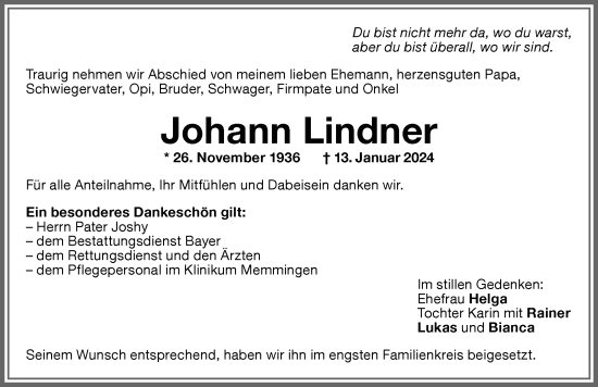 Traueranzeige von Johann Lindner von Memminger Zeitung
