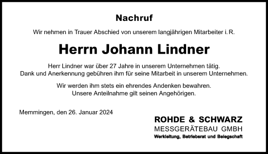Traueranzeige von Johann Lindner von Memminger Zeitung