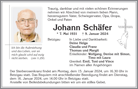 Traueranzeige von Johann Schäfer von Allgäuer Zeitung,Kempten