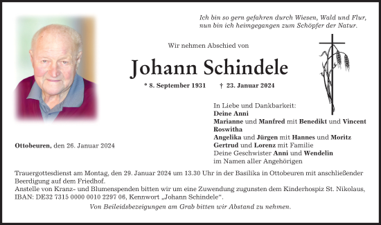 Traueranzeige von Johann Schindele von Memminger Zeitung