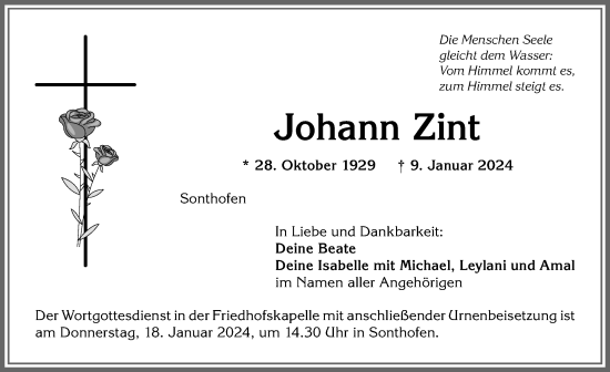 Traueranzeige von Johann Zint von Allgäuer Anzeigeblatt