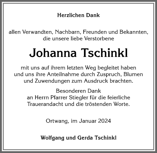 Traueranzeige von Johanna Tschinkl von Allgäuer Anzeigeblatt