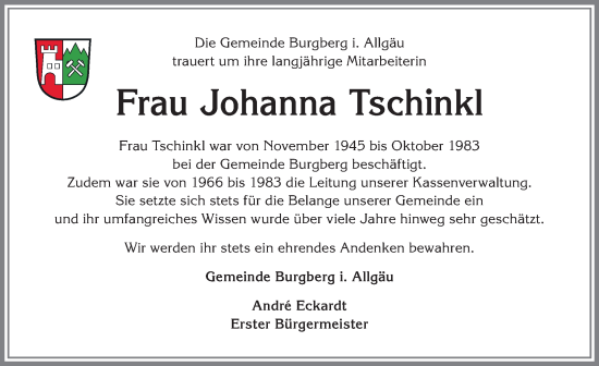 Traueranzeige von Johanna Tschinkl von Allgäuer Anzeigeblatt