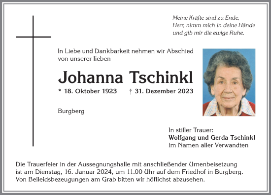 Traueranzeige von Johanna Tschinkl von Allgäuer Anzeigeblatt