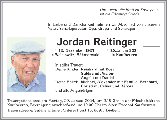 Traueranzeige von Jordan Reitinger von Allgäuer Zeitung, Kaufbeuren/Buchloe