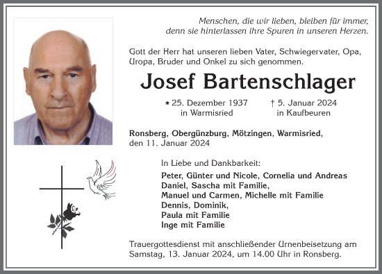 Traueranzeige von Josef Bartenschlager von Allgäuer Zeitung, Marktoberdorf