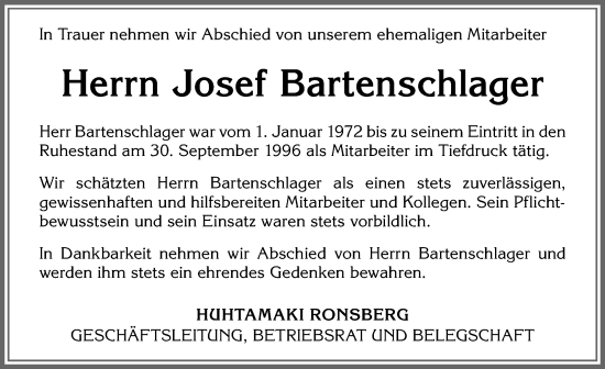 Traueranzeige von Josef Bartenschlager von Allgäuer Zeitung, Marktoberdorf