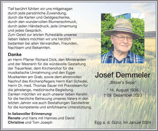 Traueranzeige von Josef Demmeler von Memminger Zeitung