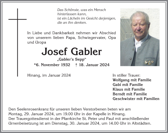 Traueranzeige von Josef Gabler von Allgäuer Anzeigeblatt