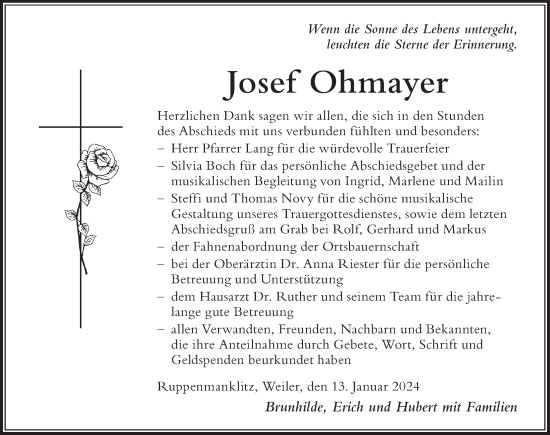 Traueranzeige von Josef Ohmayer von Der Westallgäuer