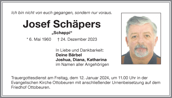 Traueranzeige von Josef Schäpers von Memminger Zeitung
