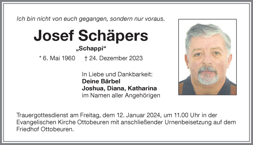  Traueranzeige für Josef Schäpers vom 05.01.2024 aus Memminger Zeitung