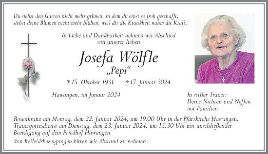 Traueranzeige von Josefa Wölfle von Memminger Zeitung