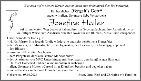 Traueranzeige von Josefine Hailer von Allgäuer Zeitung, Marktoberdorf