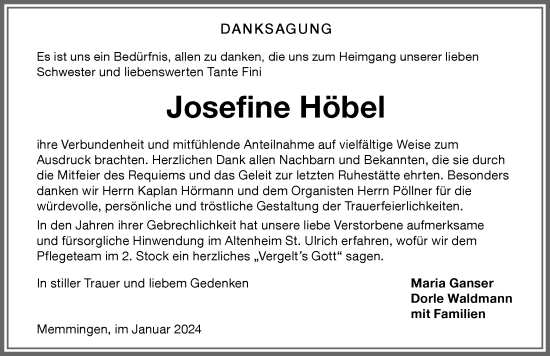 Traueranzeige von Josefine Höbel von Memminger Zeitung