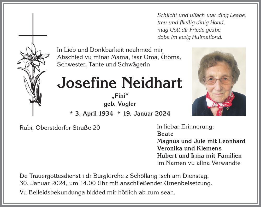  Traueranzeige für Josefine Neidhart vom 27.01.2024 aus Allgäuer Anzeigeblatt