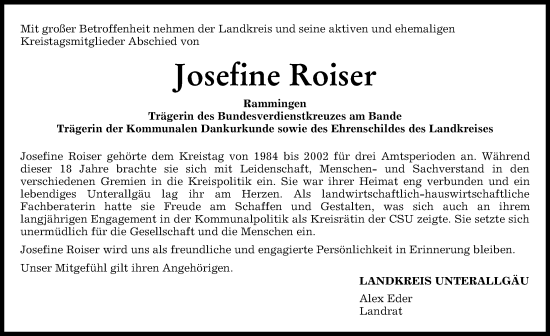 Traueranzeige von Josefine Roiser von Augsburger Allgemeine, Mindelheimer Zeitung