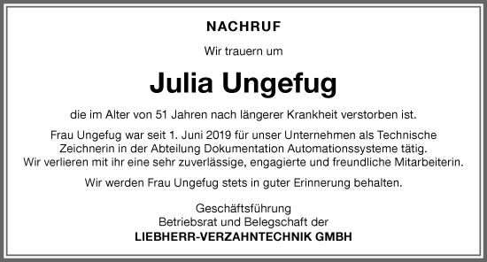 Traueranzeige von Julia Ungefug von Allgäuer Zeitung,Kempten