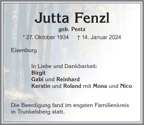 Traueranzeige von Jutta Fenzl von Memminger Zeitung