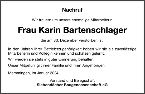 Traueranzeige von Karin Bartenschlager von Memminger Zeitung