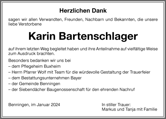 Traueranzeige von Karin Bartenschlager von Memminger Zeitung