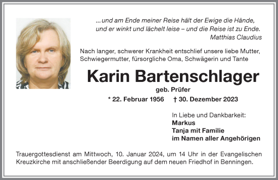 Traueranzeige von Karin Bartenschlager von Memminger Zeitung