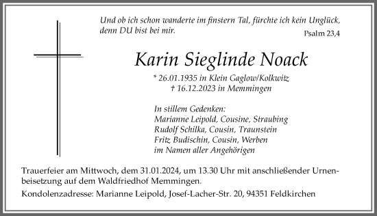 Traueranzeige von Karin Sieglinde Noack von Memminger Zeitung