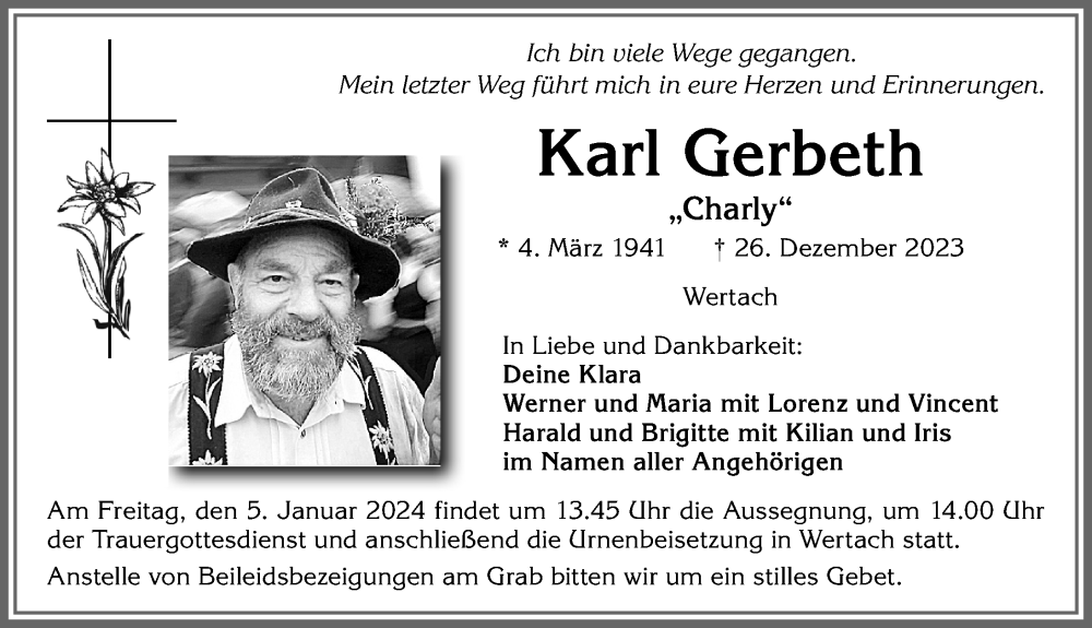  Traueranzeige für Karl Gerbeth vom 02.01.2024 aus Allgäuer Anzeigeblatt