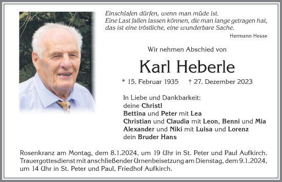 Traueranzeige von Karl Heberle von Allgäuer Zeitung, Kaufbeuren/Buchloe