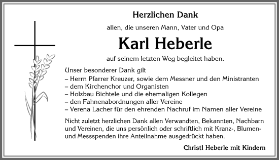 Traueranzeige von Karl Heberle von Allgäuer Zeitung, Kaufbeuren/Buchloe
