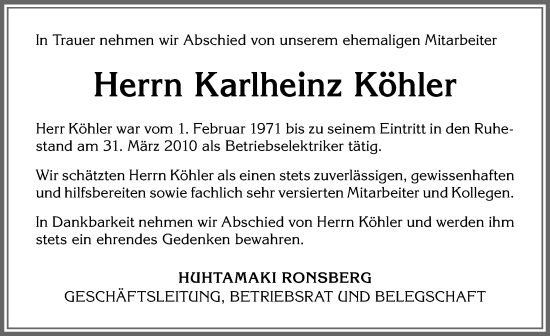Traueranzeige von Karlheinz Köhler von Memminger Zeitung