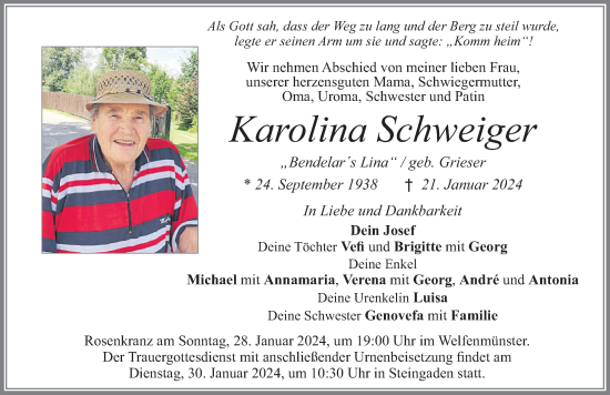 Traueranzeige von Karolina Schweiger von Allgäuer Zeitung, Füssen