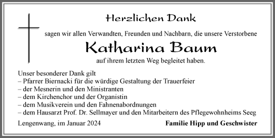 Traueranzeige von Katharina Baum von Allgäuer Zeitung, Marktoberdorf