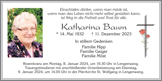 Traueranzeige von Katharina Baum von Allgäuer Zeitung, Marktoberdorf