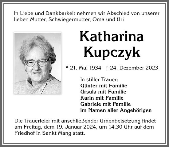 Traueranzeige von Katharina Kupczyk von Allgäuer Zeitung,Kempten
