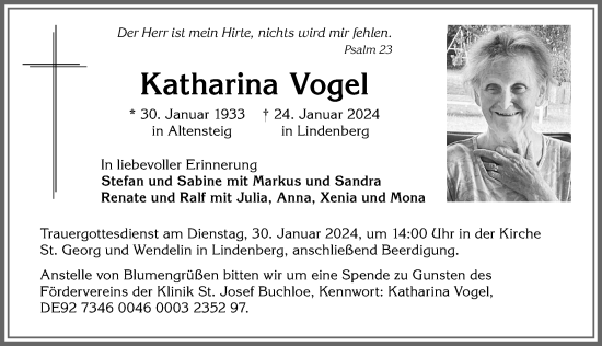 Traueranzeige von Katharina Vogel von Allgäuer Zeitung, Kaufbeuren/Buchloe