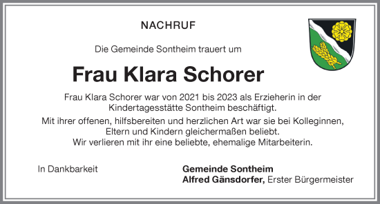 Traueranzeige von Klara Schorer von Memminger Zeitung