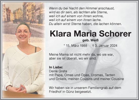 Traueranzeige von Klara Maria Schorer von Memminger Zeitung