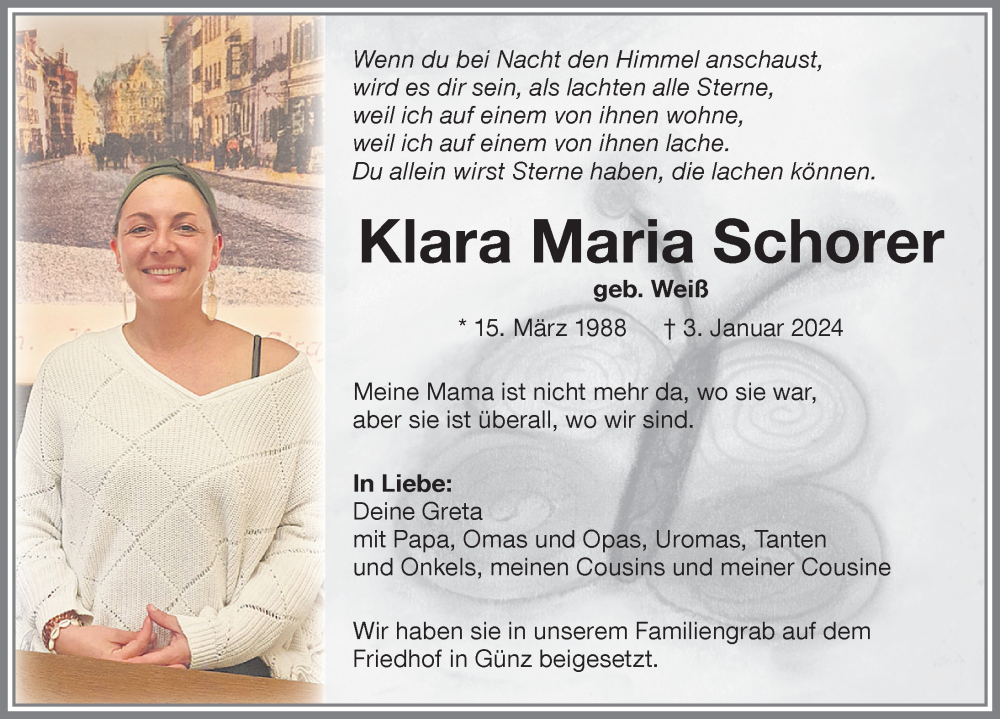  Traueranzeige für Klara Maria Schorer vom 20.01.2024 aus Memminger Zeitung