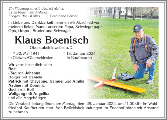 Traueranzeige von Klaus Boenisch von Allgäuer Zeitung, Kaufbeuren/Buchloe