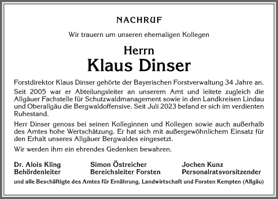 Traueranzeige von Klaus Dinser von Allgäuer Zeitung, Füssen